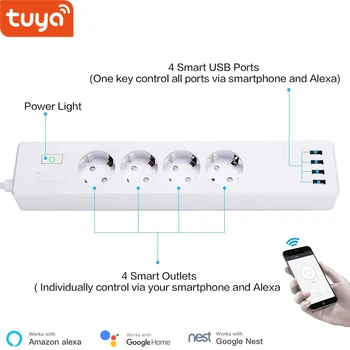 Tuya Smart WIFI Power Strip Стандарт ЕС с 4 штекерами и 4 портами USB Smart Socket Совместим с Alexa echo и Google Nest