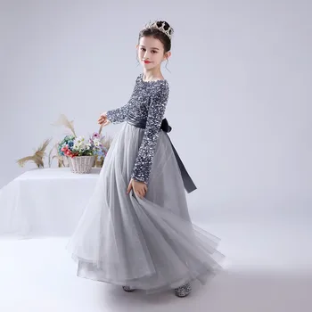 Dideyttawl/Праздничное платье принцессы для девочек младшего возраста, серое платье с длинными рукавами и блестками, платье с цветочным узором для девочек, Свадьба, День рождения