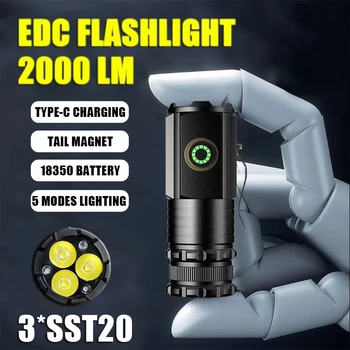 Мощный 3-х светодиодный Мини-светодиодный фонарик 2000LM SST20, Портативный EDC-фонарик TYPE-C, Перезаряжаемый фонарь для кемпинга IP68 с хвостовым магнитом