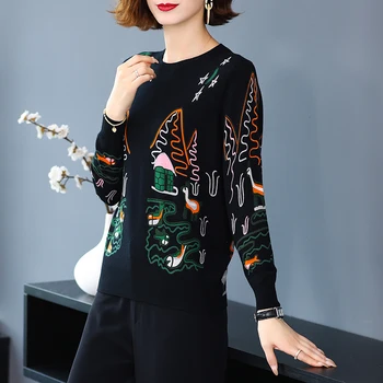 Женский Модный свитер с принтом, блузка, Осенний Женский Джемпер, вязаные топы с длинным рукавом, Пуловеры