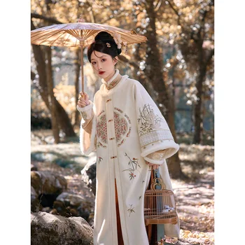 2 цвета, оригинальный комплект из 3 предметов в китайском стиле Hanfu, женская зимняя элегантная рубашка с воротником-стойкой, Длинный халат, пальто, классическая юбка с лошадиным лицом