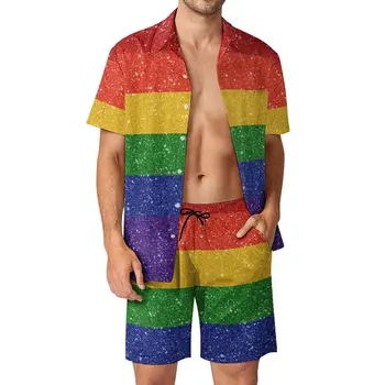 Комплект из 2 предметов, Искусственный блестящий Радужный флаг гордости, мужской пляжный костюм высшего качества, графический Винтажный шоппинг, Размер США