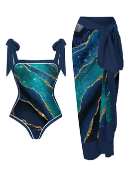 Синий Мраморный принт, цельный купальник с юбкой, Модные купальники с V-образным вырезом, Женский купальный костюм, Пляжная летняя одежда трех цветов