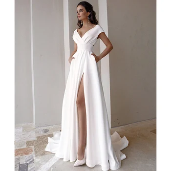 Современное свадебное платье Трапециевидной формы с V-образным вырезом и короткими рукавами для Невесты, Высокий разрез, драпированный пояс, Свадебное платье с открытой спиной, Атласное Vestido De Novia