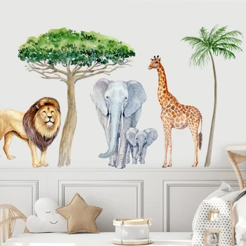 Большая Африка, Дикий Лев, Жираф, Дерево, Акварельная наклейка на стену, Виниловая съемная наклейка на стену, Детская комната, Игровая комната, Домашний декор