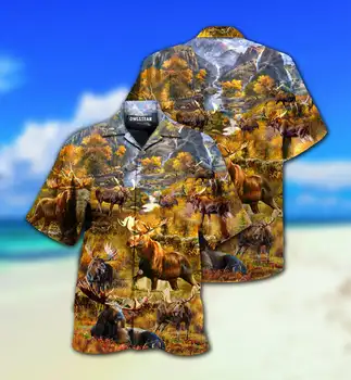 Новые повседневные мужские рубашки с рисунком Лося, Топы Ahola в гавайском стиле, Кубинский воротник, Размер США для мужчин