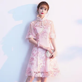Женское Винтажное китайское традиционное платье, Розовый Воротник-стойка, Чонсам, Кружевное платье с цветочной вышивкой, Ципао, Восточное платье для вечеринки
