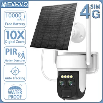 EVKVO 4K 8MP 4G Sim-карта с Двумя Объективами WIFI Солнечная Камера Батарея PIR Обнаружение Человека Наружная Камера Видеонаблюдения