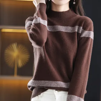 Новый кашемировый свитер, женский пуловер с полувысоким вырезом, комбинированный цветной пуловер, модный, свободный, из чистой шерсти, вязаный базовый свитер