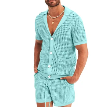 Летний Новый комплект мужской одежды, сетчатая трикотажная повседневная футболка с коротким рукавом, Короткий комплект, мужской полный комплект