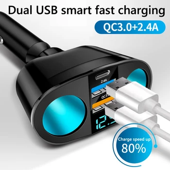 1 шт. QC3.0 Автоматическое Зарядное устройство 12 В 24 В Двойной USB Адаптер Питания Автомобильный Прикуриватель Type-C + 2.4A Синий светодиодный цифровой дисплей
