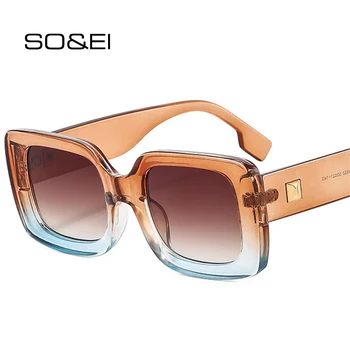 Модные квадратные солнцезащитные очки SO & EI, женские оттенки UV400, ретро-украшения с заклепками, мужские трендовые солнцезащитные очки