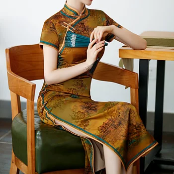 Китайское женское платье Ципао с цветочным принтом, Сексуальное вечернее платье с разрезом сбоку, воротник-стойка, Vestidos Оверсайз 3XL 4XL Cheongsam