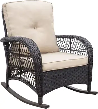 Уличное плетеное кресло-качалка из смолы с олефиновыми подушками, Клубное кресло-качалка для внутреннего дворика, черные плетеные подушки цвета хаки