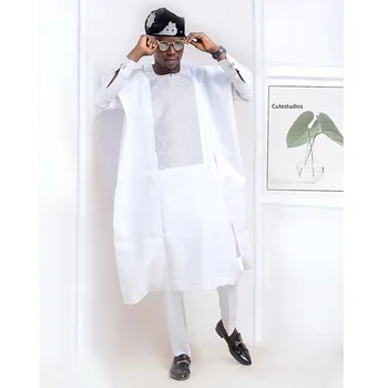 H & D Африканская Одежда для Мужчин, Высококачественная Костюмная Ткань, Традиционная Вышивка, белая Рубашка, Брюки, Комплект из 3 предметов, Халат для Свадебной Вечеринки