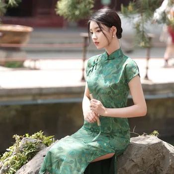 Yourqipao Летнее Темно-Зеленое Современное Ципао для молодых Девушек, Нежное Элегантное Модное Ципао в Китайском Стиле, Вечернее Платье для Женщин