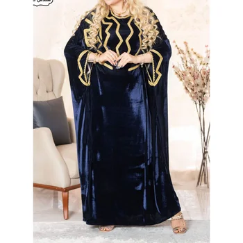 Темно-синее Модное бархатное длинное платье с марокканским дубайским платьем и халатом Фараша Европейская и американская тенденция моды