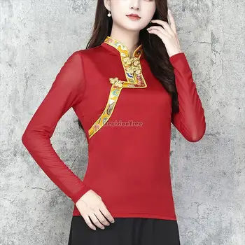 2023 топ в китайском ретро этническом стиле с длинным рукавом из сетчатой марли, весна и осень, тибетский элемент, женская свободная тибетская элегантная блузка