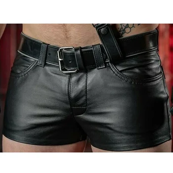 Мужские шорты, однотонные повседневные мужские Короткие брюки из искусственной кожи, Весна-лето, мужская мода, черные шорты в стиле панк для мужчин