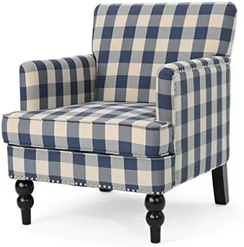 Клубное кресло из ворсистой ткани, синяя шахматная доска, темно-коричневый, 32D x 28,75W x 34,5H in