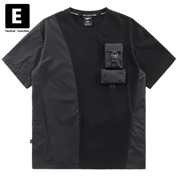 Черная футболка в стиле Техно, хип-хоп, уличная одежда, лоскутная футболка-карго, Мужские летние модные топы с коротким рукавом, футболки Мужские