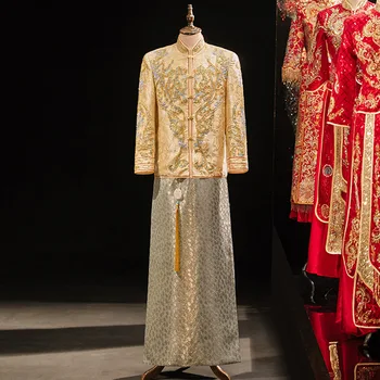 Мужское Банкетное Китайское Традиционное Свадебное Платье с воротником-стойкой Высокого Качества С Вышивкой Для Жениха Cheongsam китайская одежда