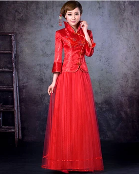 1 компл./лот, женский комплект cheongsams из органзы и атласа с вышивкой в китайском стиле, красное длинное платье с воротником-стойкой, 5 размеров на выбор