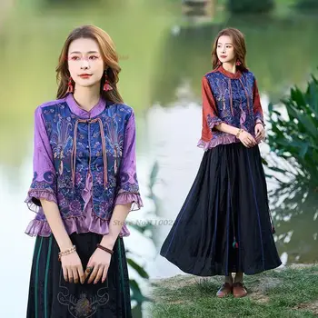 2023 китайские национальные топы hanfu, винтажная блузка hanfu с цветочной вышивкой, женский этнический костюм эпохи тан, восточная атласная жаккардовая блузка