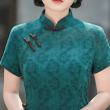 Лето 2023, Нежный Элегантный Женский веер, Зеленый цветочный Чонсам, вечернее платье в китайском стиле, Улучшенное Ципао с короткими рукавами для женщин