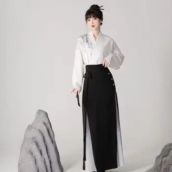 Китайское платье Hanfu 2 шт., улучшенный современный стиль, традиционная белая и черная рубашка с перекрестным воротником и длинным рукавом + комплекты юбок, плюс размер 2XL