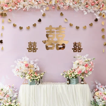 Китайские традиционные наклейки на стену для свадебной комнаты, Двойное Счастье, красное блестящее зеркало, Шампанское, Бумажные сердечки, Гирлянды, домашний декор 
