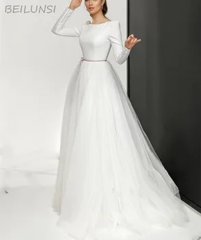Винтажные Свадебные платья из тюля Vestidos De Noiva 2022, Трапециевидные Свадебные платья с Длинным рукавом, Дешевое Свадебное платье с открытой спиной для невест