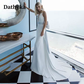 Простое свадебное платье Dathyka с V-образным вырезом и бантом, без рукавов, длиной до пола, на молнии, с поясом-спагетти, на бретельках из натурального тюля