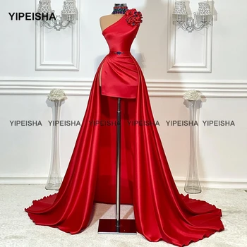 Красное Платье для выпускного Вечера с Бисерным Воротником Yipeisha, Высокое Низкое Асимметричное Вечернее Платье Hi-lo, Сшитое На Заказ, Атласное Маскарадное Платье По Индивидуальному Заказу