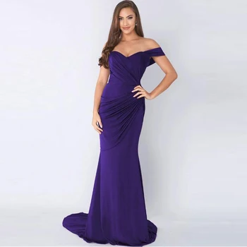 Современные простые Фиолетовые платья с открытыми плечами, платья для матери невесты, Сексуальные платья для гостей со складками на спине, доступные по цене