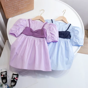 летнее платье 2023 года, детское платье с коротким рукавом, милая юбка трапециевидной формы с круглым вырезом и зонтиком, летнее платье принцессы для девочек, детское платье
