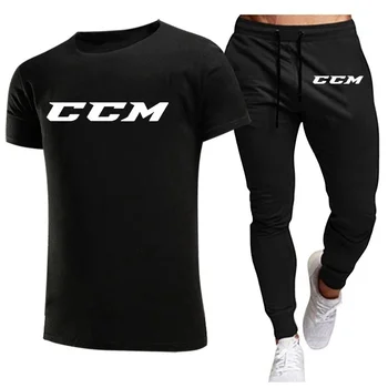 CCM/ Новые мужские спортивные костюмы, летние мужские комплекты одежды для фитнеса, футболки с короткими рукавами + брюки, хлопковая брендовая мужская одежда