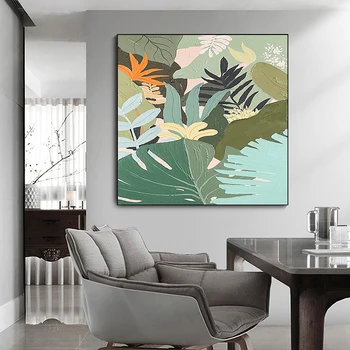Картина маслом ручной работы, оригинальная абстрактная картина маслом, зеленые листья, крупная картина, современный цветочный настенный декор для гостиной