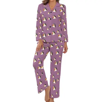 Лавандовая Пижама с Морской Свинкой, Длинные рукава, Животный принт, 2 предмета, Эстетичный Пижамный комплект, Весенняя Женская Элегантная пижама с V-образным вырезом