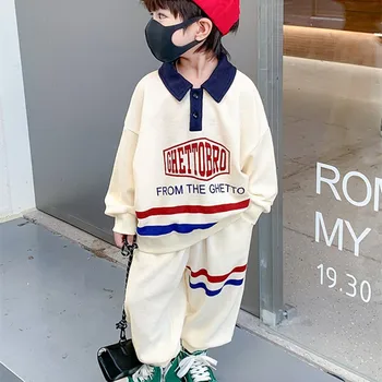 Детский комплект для мальчиков в корейском стиле 2023, Весна-Осень, Модный комплект из 2 предметов с буквенным принтом для маленьких девочек, Хлопковый свитер с лацканами + брюки