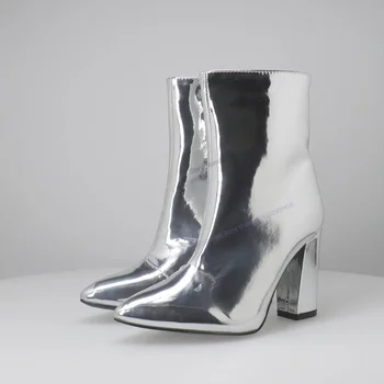 Серебристые Ботильоны из лакированной кожи, Модная Женская Обувь с Острым Носком, Пикантные Туфли на высоком Массивном Каблуке 2023, Zapatos Para Mujere