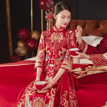Невеста Феникс Вышивка Чонсам Стильное Элегантное Винтажное китайское традиционное свадебное платье Ципао Банкетная одежда