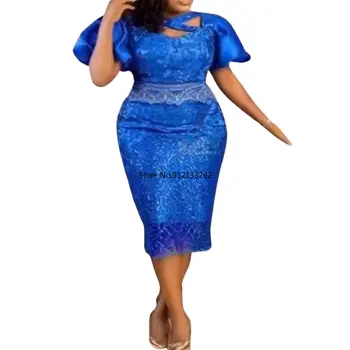 Африканская одежда Для Женщин 2023, Элегантные Африканские Платья для Женщин, Синее Кружевное Вечернее Платье с коротким Рукавом, Свадебная вечеринка, Платье длиной до середины икры