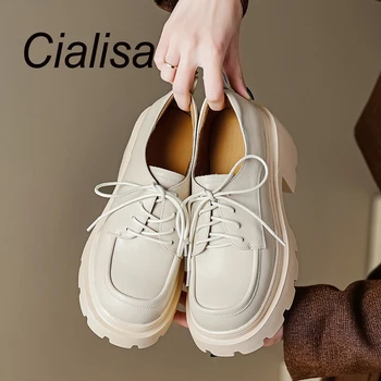 Cialisa/ Женская обувь на платформе; Новинка Весны 2023 года; Повседневная обувь из натуральной кожи Высокого качества с круглым носком на массивном каблуке; Женские лоферы