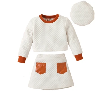 Осенняя одежда из 3 предметов для маленьких девочек, стеганые топы с длинными рукавами, юбка, берет, шапка, комплект детской теплой одежды