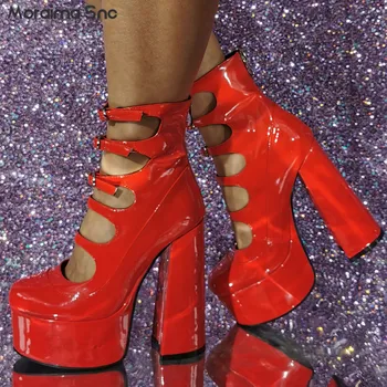 Красные босоножки на высоком каблуке в стиле Лолиты на Хэллоуин, женская обувь на платформе с пряжкой и толстом каблуке, модные босоножки на высоком каблуке большого размера