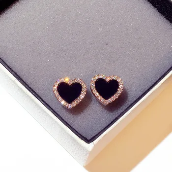 Обручальные эмалевые серьги-гвоздики в виде сердца для женщин и девочек, летние ювелирные изделия, черные серьги, свадебные подарки