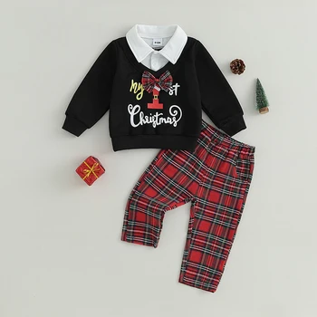 2 шт., одежда для малышей, Рождественские наряды, Толстовки с длинными рукавами и воротником-лацканами, Клетчатые брюки, комплект теплой одежды для малышей