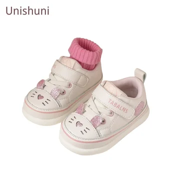 Детские теннисные туфли для девочек, милая обувь с рисунком кота, нескользящие белые кроссовки для маленьких девочек, мягкая дышащая повседневная обувь