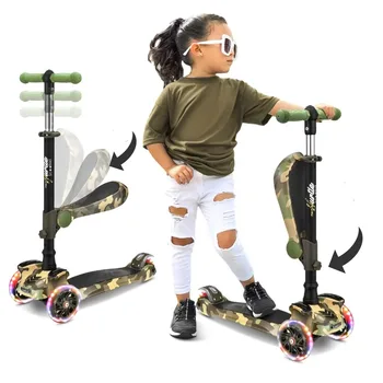 Детский самокат с 3 колесами - Игрушечный самокат для детей и малышей со встроенными светодиодными фонарями на колесах, раскладывающимся комфортным сиденьем (возраст от 1 года) в камуфляже